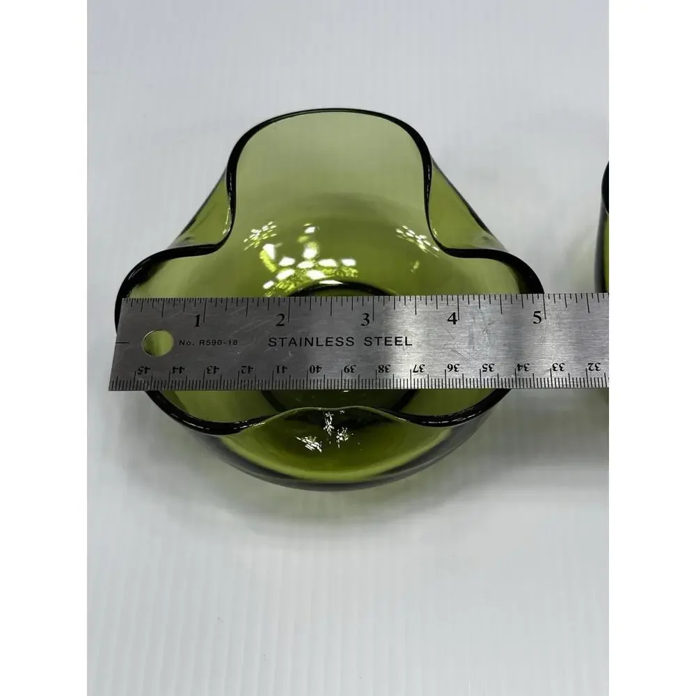 Vintage Anchor Hocking 2 Avocado Green Glass Candle Stick Holders Pair MCM 1970s